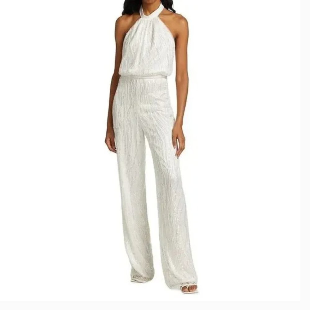 ML Monique Lhuillier Sequined Halterneck Jumpsuit in White, Size 8